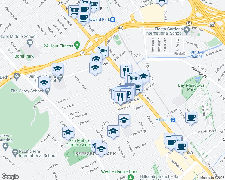 map of restaurants, bars, coffee shops, grocery stores, and more near 140 23rd Avenue in San Mateo