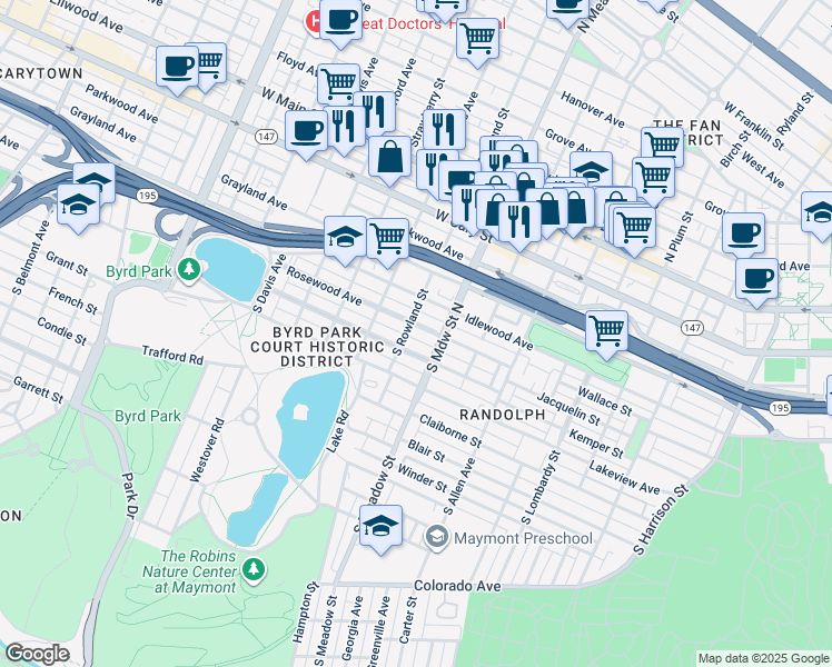 map of restaurants, bars, coffee shops, grocery stores, and more near 2021 Rosewood Avenue in Richmond