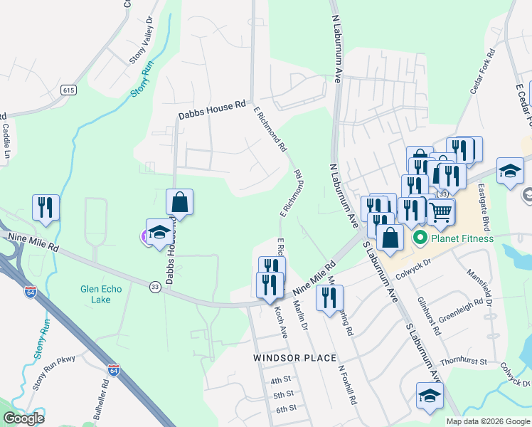 map of restaurants, bars, coffee shops, grocery stores, and more near 258 East Richmond Road in Richmond