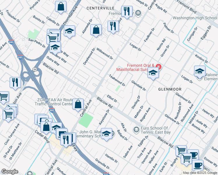 map of restaurants, bars, coffee shops, grocery stores, and more near 37690 Los Arboles Drive in Fremont