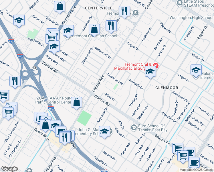 map of restaurants, bars, coffee shops, grocery stores, and more near 37690 Los Arboles Drive in Fremont