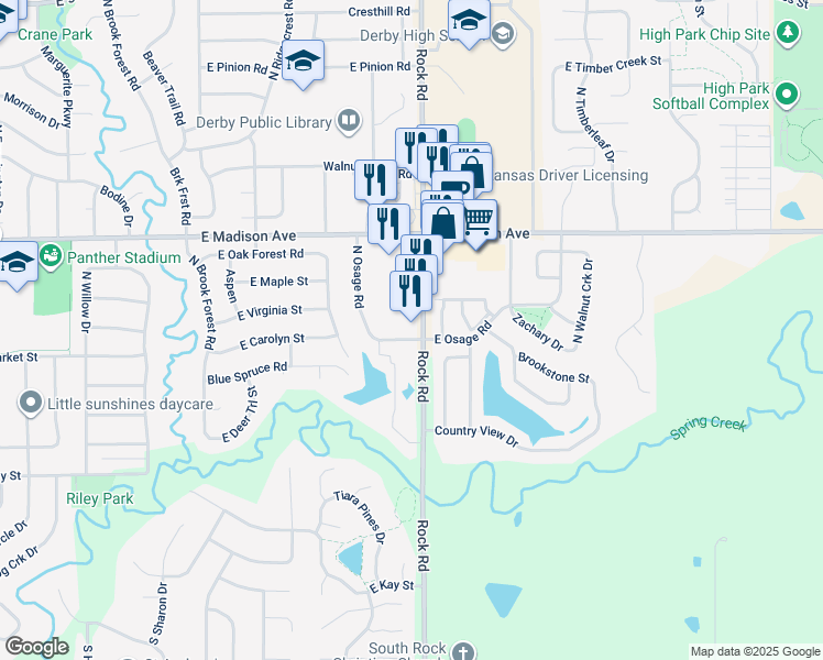 map of restaurants, bars, coffee shops, grocery stores, and more near 101 North Rock Road in Derby
