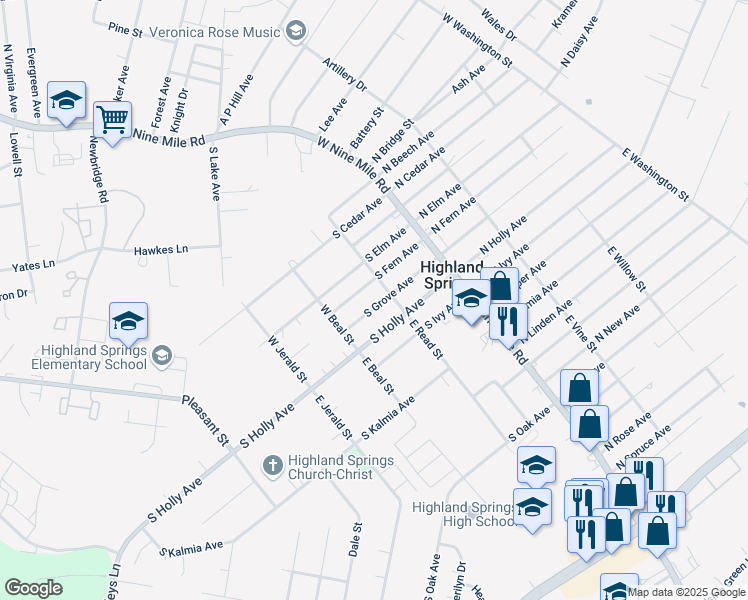map of restaurants, bars, coffee shops, grocery stores, and more near 108 South Grove Avenue in Highland Springs