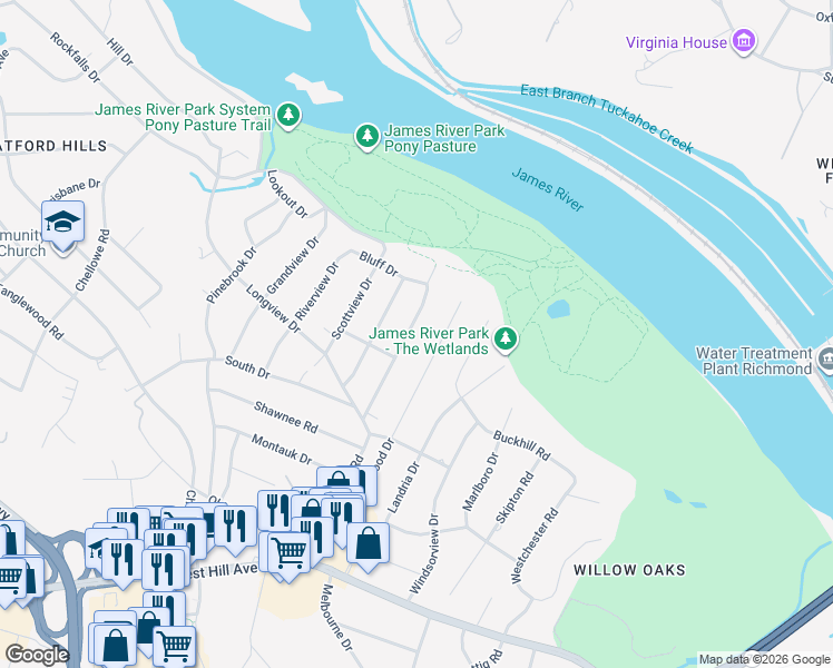 map of restaurants, bars, coffee shops, grocery stores, and more near 3429 Warner Road in Richmond