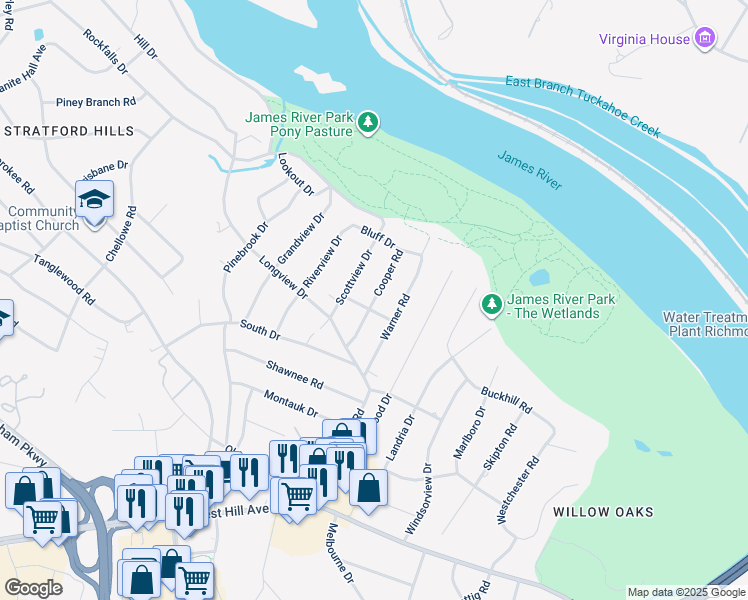 map of restaurants, bars, coffee shops, grocery stores, and more near Cooper Road in Richmond