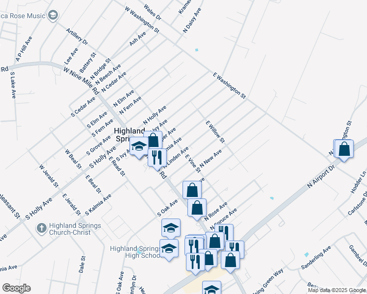 map of restaurants, bars, coffee shops, grocery stores, and more near 100 North Linden Avenue in Highland Springs