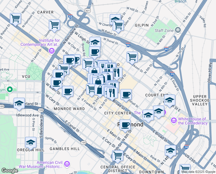 map of restaurants, bars, coffee shops, grocery stores, and more near 321 North 2nd Street in Richmond