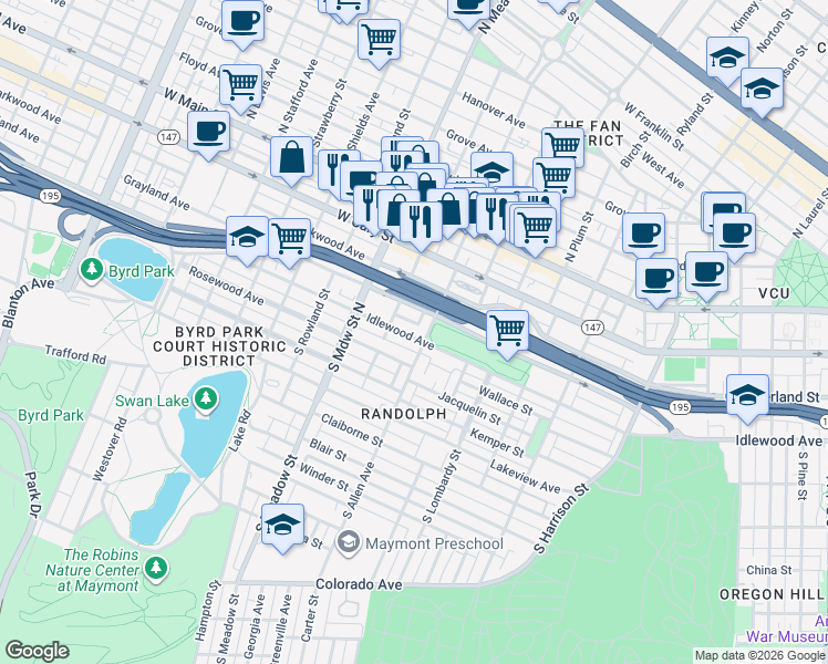 map of restaurants, bars, coffee shops, grocery stores, and more near 1819 Idlewood Avenue in Richmond