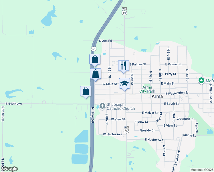 map of restaurants, bars, coffee shops, grocery stores, and more near 203 West Main Street in Arma