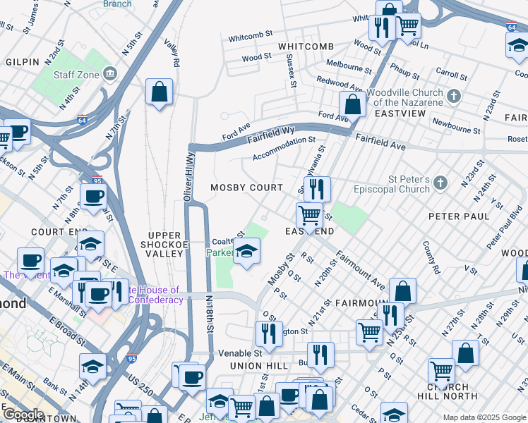 map of restaurants, bars, coffee shops, grocery stores, and more near 1333 Littlepage Street in Richmond