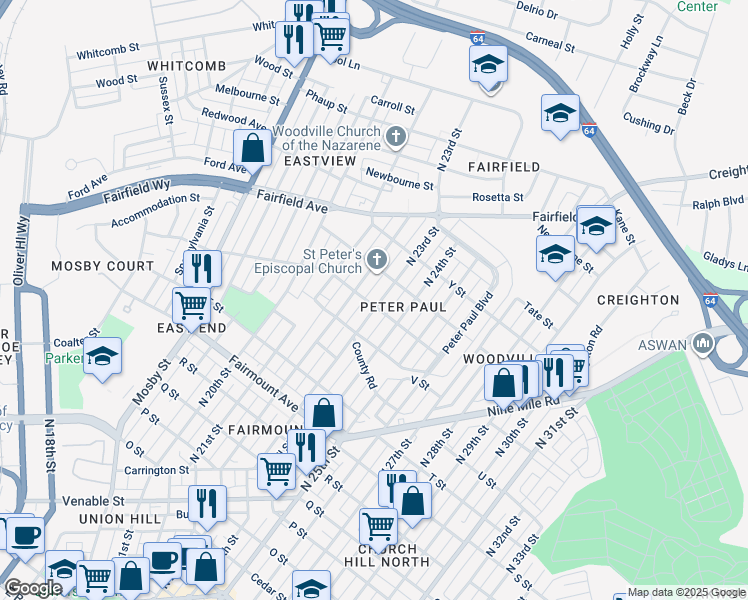 map of restaurants, bars, coffee shops, grocery stores, and more near 1700 North 23rd Street in Richmond