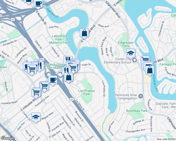 map of restaurants, bars, coffee shops, grocery stores, and more near 3045 Los Prados Street in San Mateo