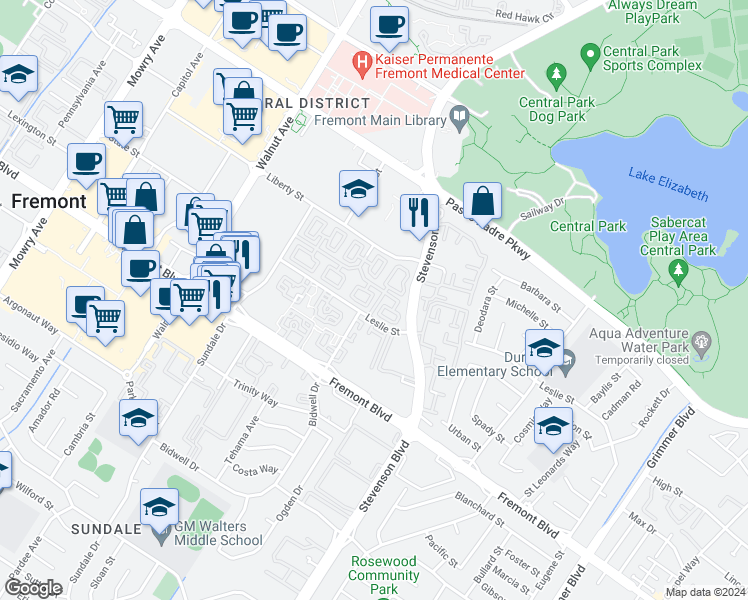 map of restaurants, bars, coffee shops, grocery stores, and more near 3673 Madison Common in Fremont
