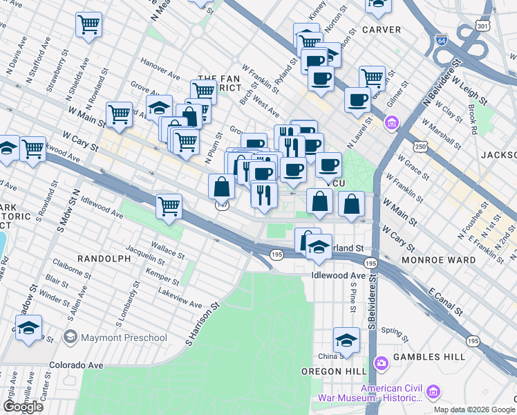 map of restaurants, bars, coffee shops, grocery stores, and more near 1212 1/2 West Cary Street in Richmond