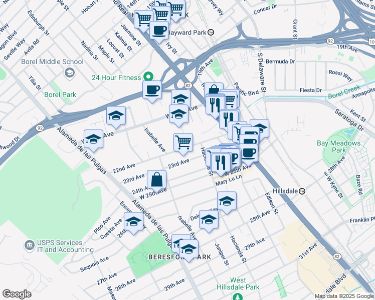 map of restaurants, bars, coffee shops, grocery stores, and more near 237 22nd Avenue in San Mateo
