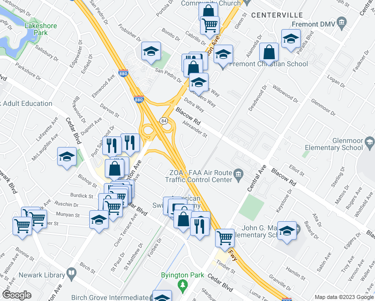 map of restaurants, bars, coffee shops, grocery stores, and more near 5179 Morris Way in Fremont