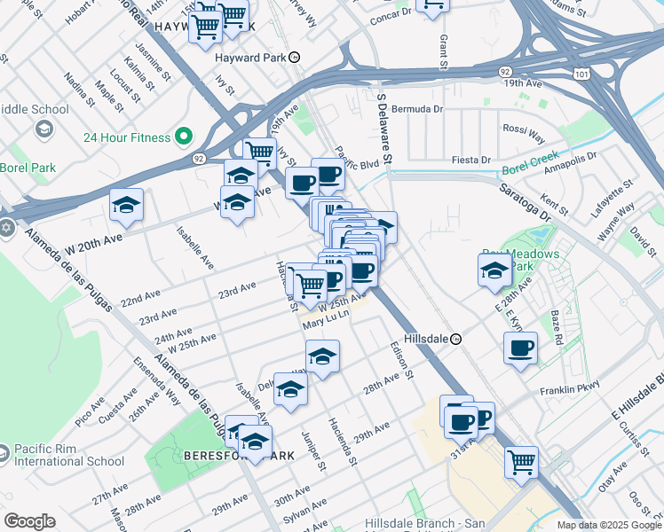 map of restaurants, bars, coffee shops, grocery stores, and more near 20 24th Avenue in San Mateo