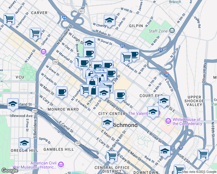 map of restaurants, bars, coffee shops, grocery stores, and more near 310n North 3rd Street in Richmond