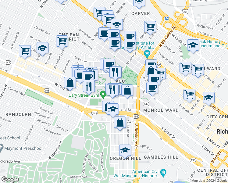 map of restaurants, bars, coffee shops, grocery stores, and more near 800 West Cary Street in Richmond