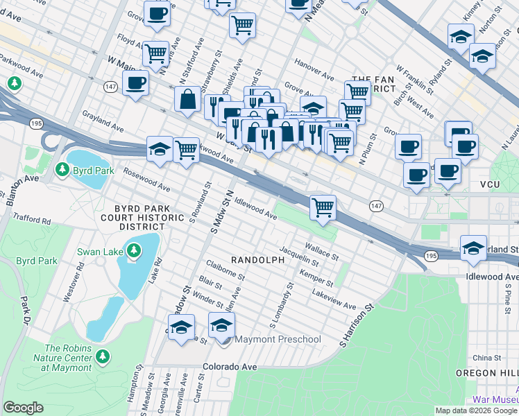 map of restaurants, bars, coffee shops, grocery stores, and more near 1819 Idlewood Avenue in Richmond