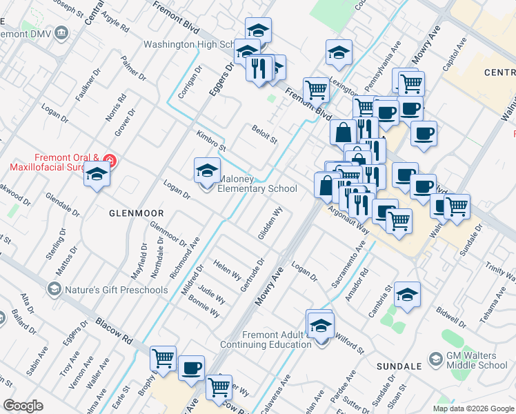map of restaurants, bars, coffee shops, grocery stores, and more near 4397 Lorren Drive in Fremont