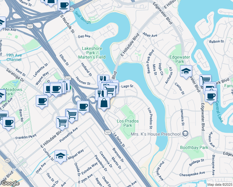 map of restaurants, bars, coffee shops, grocery stores, and more near 3015 Los Prados Street in San Mateo