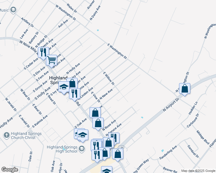 map of restaurants, bars, coffee shops, grocery stores, and more near 127 North Mapleleaf Avenue in Henrico