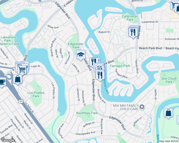 map of restaurants, bars, coffee shops, grocery stores, and more near 900 Edgewater Boulevard in Foster City