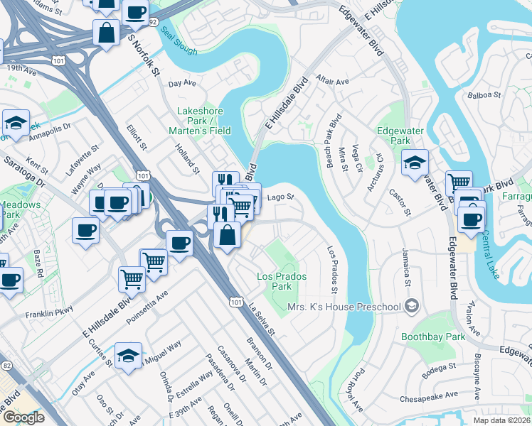 map of restaurants, bars, coffee shops, grocery stores, and more near 3015 Los Prados Street in San Mateo