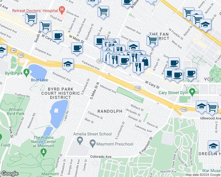 map of restaurants, bars, coffee shops, grocery stores, and more near 1822 Idlewood Avenue in Richmond
