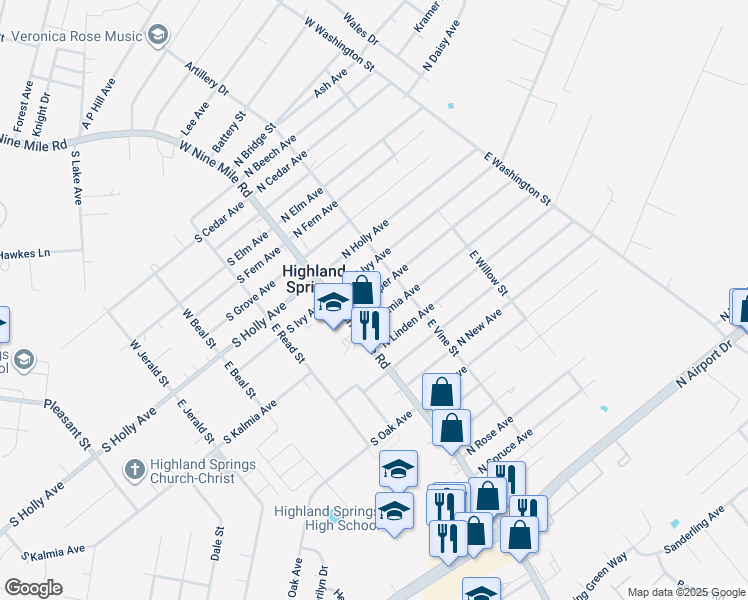 map of restaurants, bars, coffee shops, grocery stores, and more near 11 North Juniper Avenue in Highland Springs