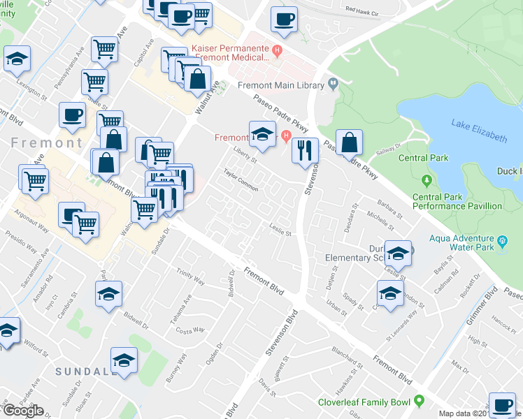 map of restaurants, bars, coffee shops, grocery stores, and more near 3607 Madison Common in Fremont