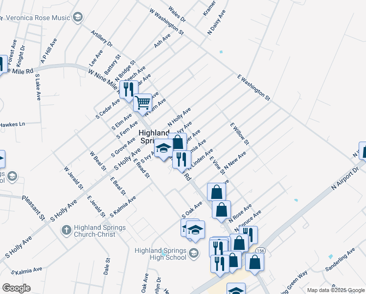 map of restaurants, bars, coffee shops, grocery stores, and more near 11 North Juniper Avenue in Highland Springs