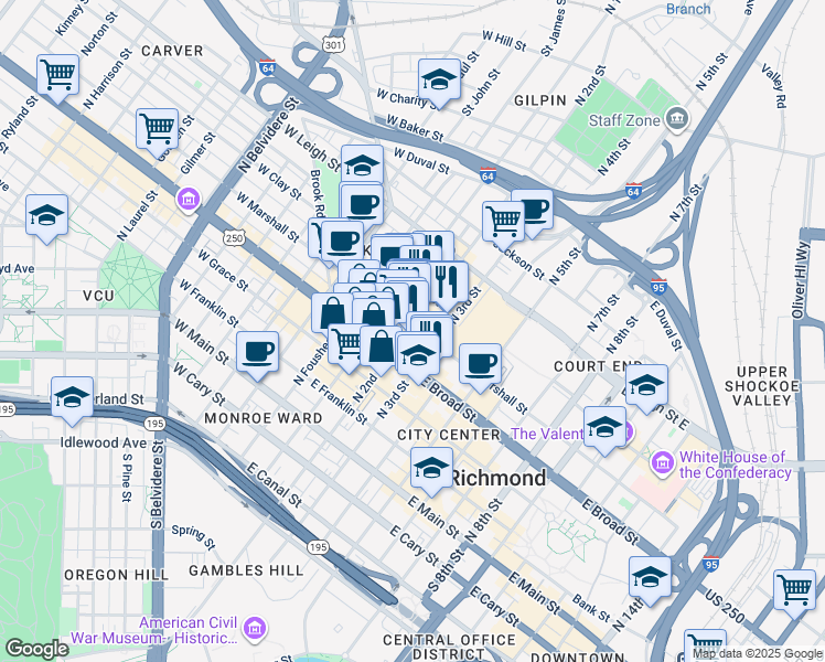 map of restaurants, bars, coffee shops, grocery stores, and more near 209 East Marshall Street in Richmond
