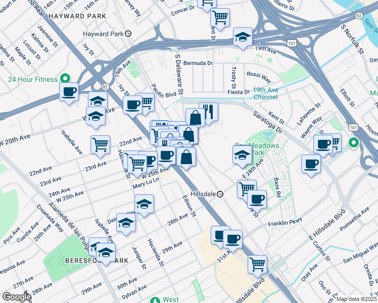 map of restaurants, bars, coffee shops, grocery stores, and more near 116 East 25th Avenue in San Mateo