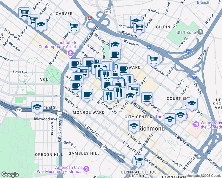 map of restaurants, bars, coffee shops, grocery stores, and more near in Richmond