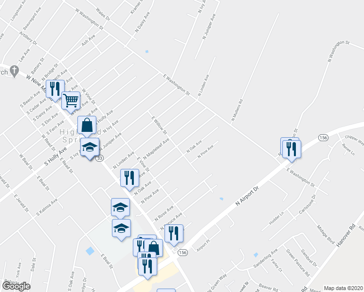 map of restaurants, bars, coffee shops, grocery stores, and more near 203 North New Avenue in Highland Springs