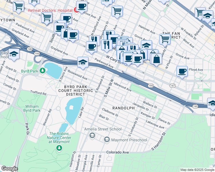 map of restaurants, bars, coffee shops, grocery stores, and more near 2002 Rosewood Avenue in Richmond