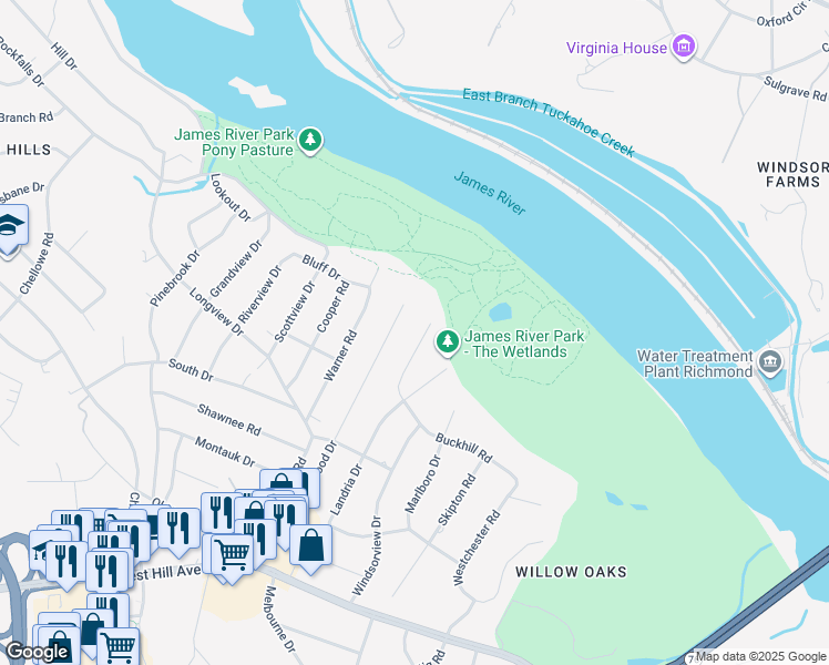 map of restaurants, bars, coffee shops, grocery stores, and more near 3432 Northview Place in Richmond