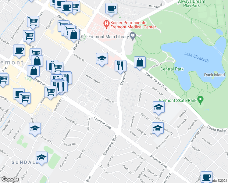 map of restaurants, bars, coffee shops, grocery stores, and more near 3622 Fitzsimmons Common in Fremont