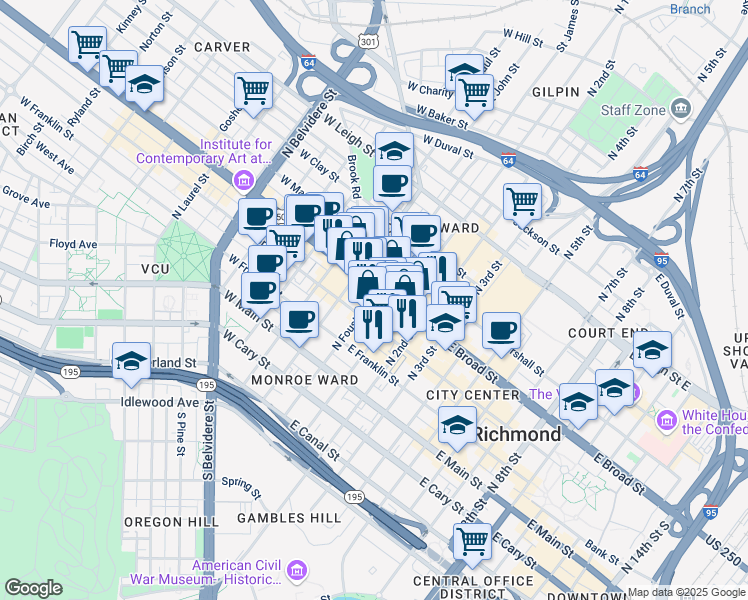 map of restaurants, bars, coffee shops, grocery stores, and more near 211 North Foushee Street in Richmond