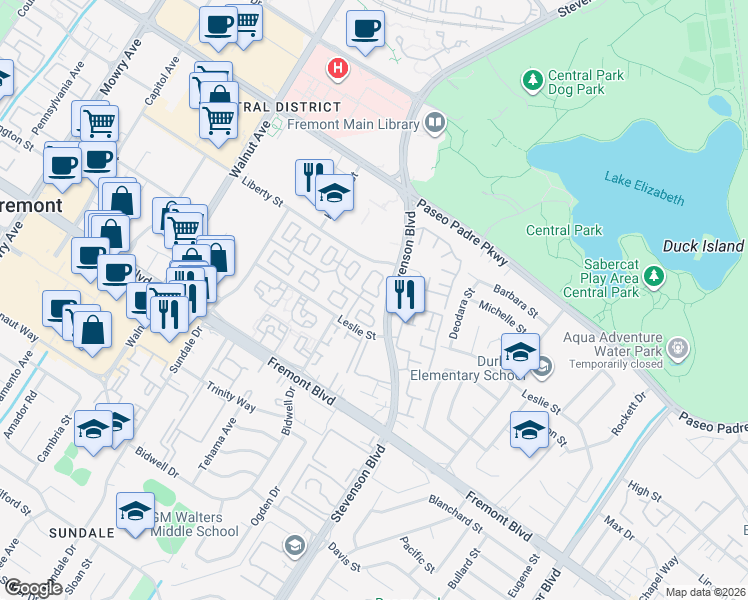 map of restaurants, bars, coffee shops, grocery stores, and more near 3622 Fitzsimmons Common in Fremont