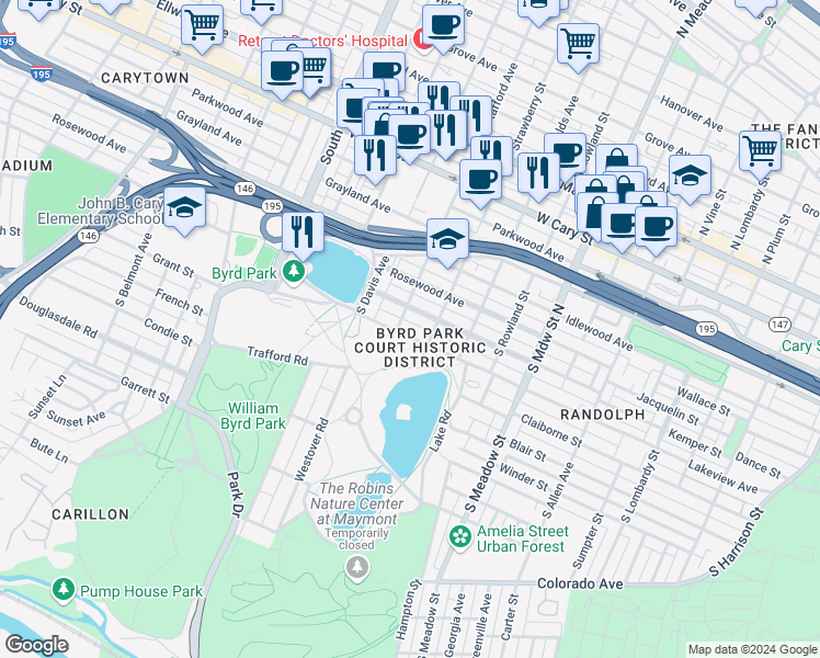 map of restaurants, bars, coffee shops, grocery stores, and more near 2304 1/2 Lakeview Avenue in Richmond