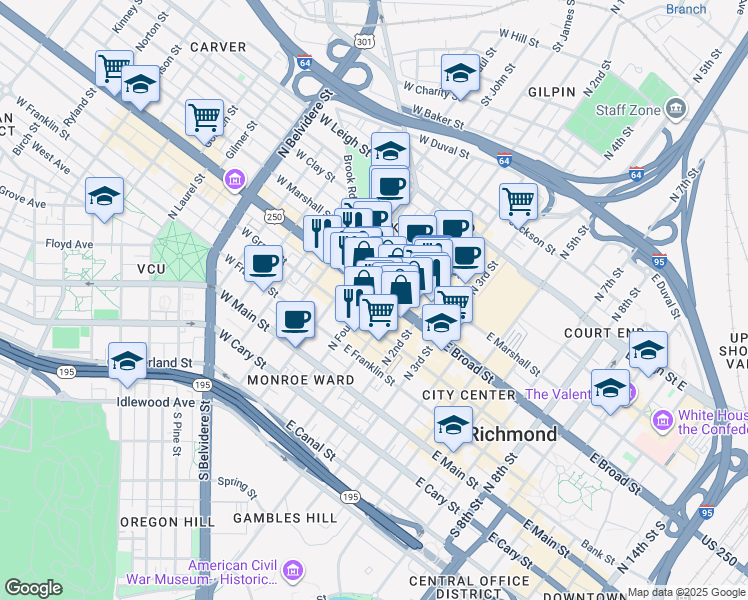 map of restaurants, bars, coffee shops, grocery stores, and more near in Richmond