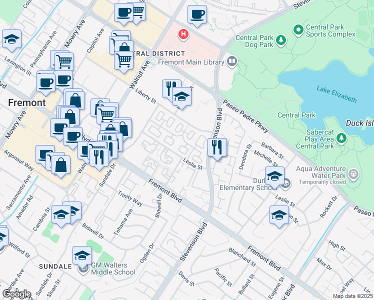 map of restaurants, bars, coffee shops, grocery stores, and more near 3607 Madison Common in Fremont