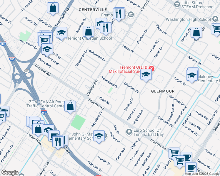 map of restaurants, bars, coffee shops, grocery stores, and more near 4865 Los Arboles Place in Fremont