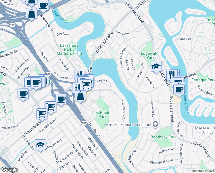 map of restaurants, bars, coffee shops, grocery stores, and more near 3077 Los Prados Street in San Mateo