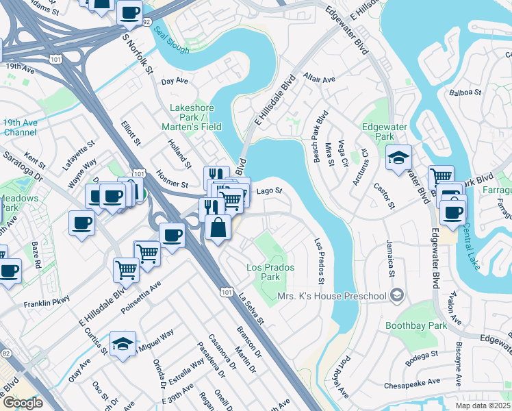 map of restaurants, bars, coffee shops, grocery stores, and more near 3015 Los Prados Street in San Mateo