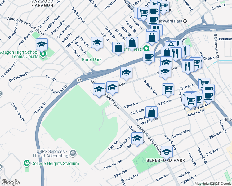 map of restaurants, bars, coffee shops, grocery stores, and more near 2033 La Salle Drive in San Mateo