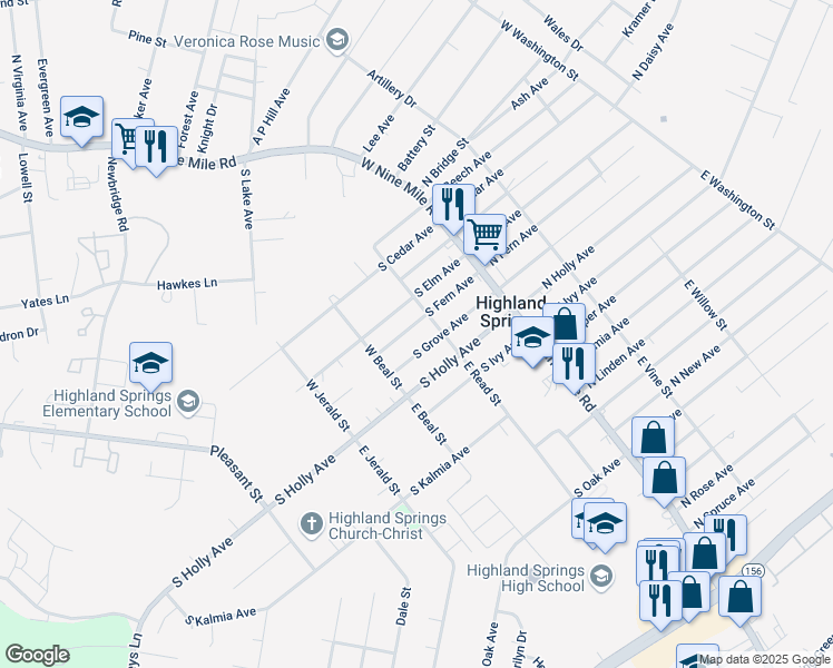 map of restaurants, bars, coffee shops, grocery stores, and more near 108 South Grove Avenue in Highland Springs
